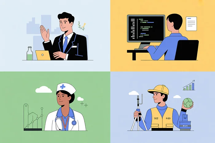 collage featuring recent grads in different work environments