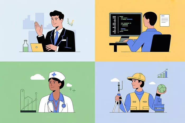 collage featuring recent grads in different work environments